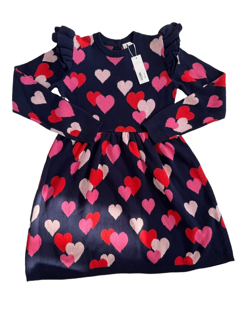 NEW Janie and Jack Girls Sweater Dress 12 Navy Heart Knit Crew Long Sleeve